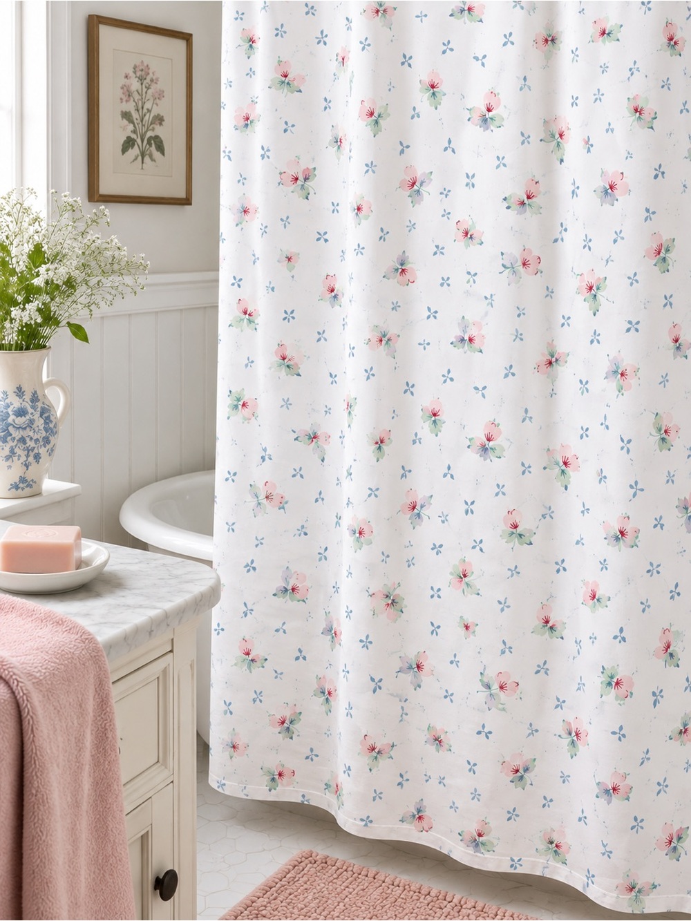 Cottage Floral Shower Curtain Dusty Rose Country Blue Vintage 80s 90s